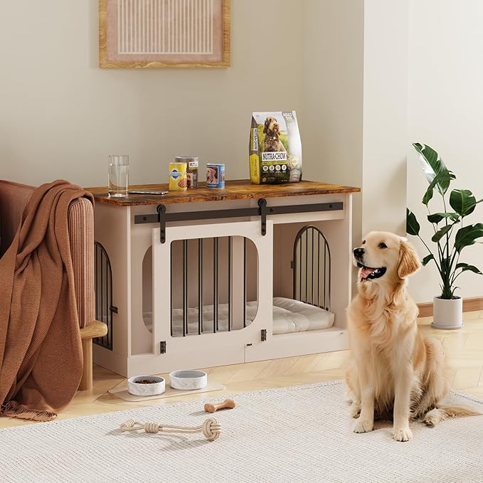 XXL Dog Crate Furniture, 47.2 Inches White Kennel Furniture with Cushion Decorative Farmhouse Crate Indoor Thick Wooden Pet House End Table Modern Cage Furniture for Medium/Large Dog