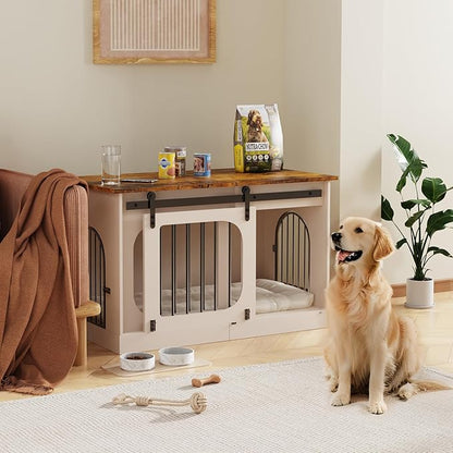 XXL Dog Crate Furniture, 47.2 Inches White Kennel Furniture with Cushion Decorative Farmhouse Crate Indoor Thick Wooden Pet House End Table Modern Cage Furniture for Medium/Large Dog