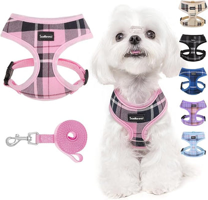 SCENEREAL Puppy Dog Harness with Leash Set for Small Medium Sized Dogs, Soft Mesh Pet Harnesses and Leash, No Chock Plaid Adjustable No Pull Vest for Dogs Cats, Chihuahua,Bulldog (Pink XS)