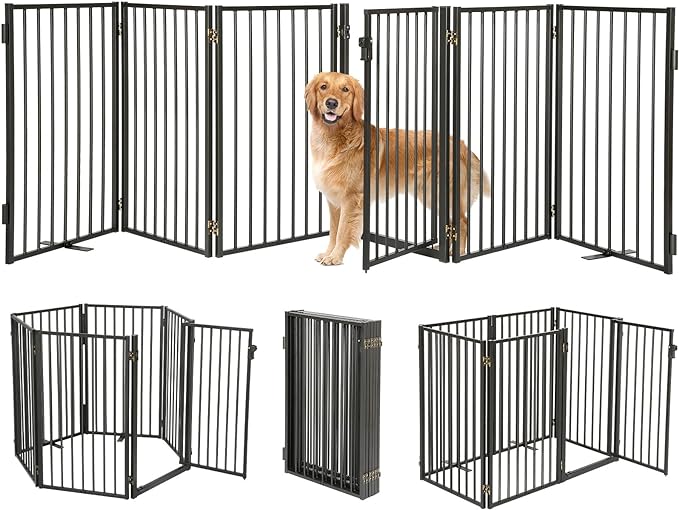 Metal Freestanding Dog Gates with Door for Outdoor Indoor,120'' Extra Wide 32'' Tall Free Standing Dog Gate for Doorways,Large Openings,Deck,Yard,Porch,Foldable Pet Fence(Black,6 Panels)