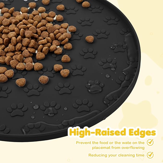 Silicone Dog Food Mat Small, 10.6'' Black Pet Food Mat, Round Dog Cat Foods Mats Small, Silicone Mats for Dogs Bowls, Waterproof Non-Slip Dogs Cat Water Bowl Placemat with Raised Edge