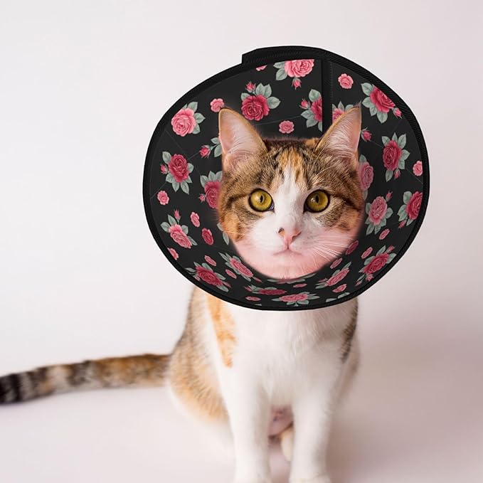 Soft Recovery Cat Cone Collar, Adjustable and Protective, Perfect for Cats, Puppies, and Small Dogs, Rose Seamless Pattern Pink