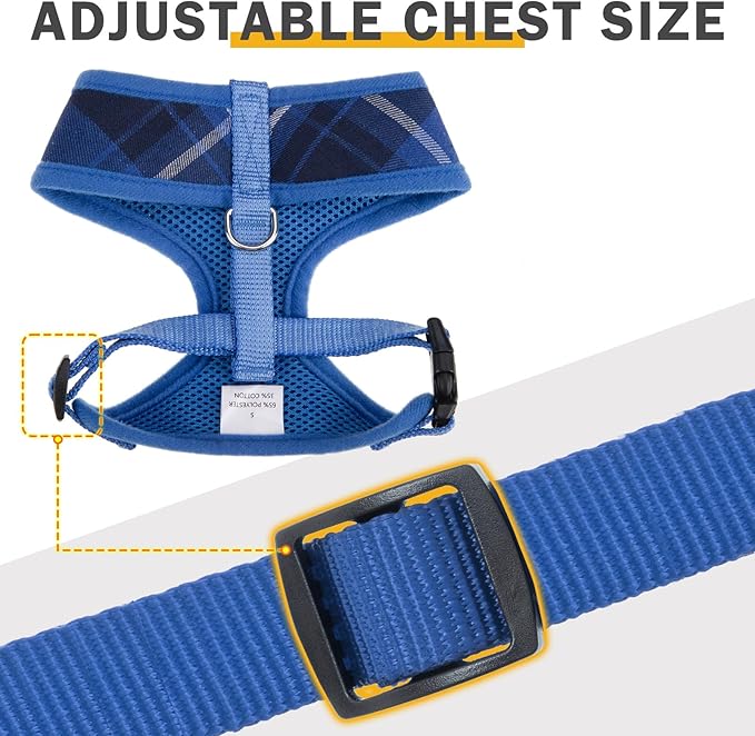 SCENEREAL Puppy Dog Harness with Leash Set for Small Medium Sized Dogs, Soft Mesh Pet Harnesses and Leash, No Chock Plaid Adjustable No Pull Vest for Dogs Cats, Chihuahua,Bulldog (Blue S)
