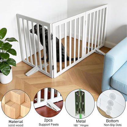 Dog Gate Indoor, Freestanding Dog Fence for The House, Doorways, Hallways,or Stairs,Pet Gate Foldable Wooden,Expandable 32" Height 3 Panels,White