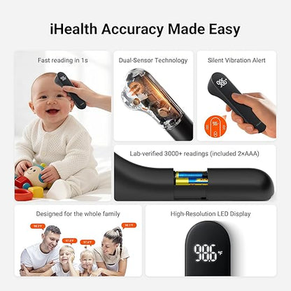 iHealth No-Touch Digital Forehead Thermometer for Adults, Babies, Kids, 3 Ultra-Sensitive Sensors, Quiet Vibration Feedback, Large LED Digits, Easy to Use for Home, PT3 Black
