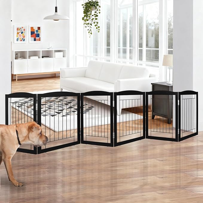 ZJSF Freestanding Foldable Dog Gate for House Extra Wide Wooden Black Indoor Puppy Gate Stairs Dog Gates Doorways Tall Pet Gate 6 Panels Fence