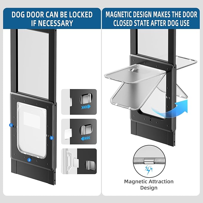 Dog Door for Sliding Glass Door, Magnetic Plastic Flap Sliding Door Pet Insert with Lock, Adjustable Height 74.2”-80.7”, No-Cut Installation for Patio Dog Access(Black L)