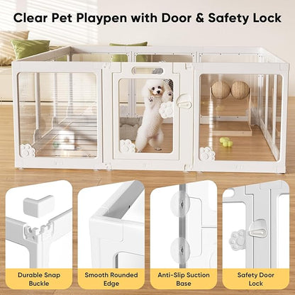 24” Acrylic Clear Dog Play Pen Indoors 8 Panels, Puppy Playpen with Door for Small Dogs Puppies, Transparent Plastic Pet Playpen Cage Fence Crate Kennel for Cat Kitten Rabbit Bunny Ferret etc