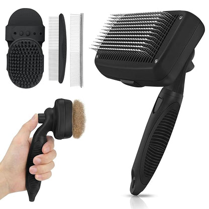 Self Cleaning Shedding Brush - 5-in-1 Professional Pet Grooming Kit Skin Friendly Grooming Tool for Dogs, Cats, and Puppies, Deshedding and Hair Removal for Long and Short Haired Pets, Black