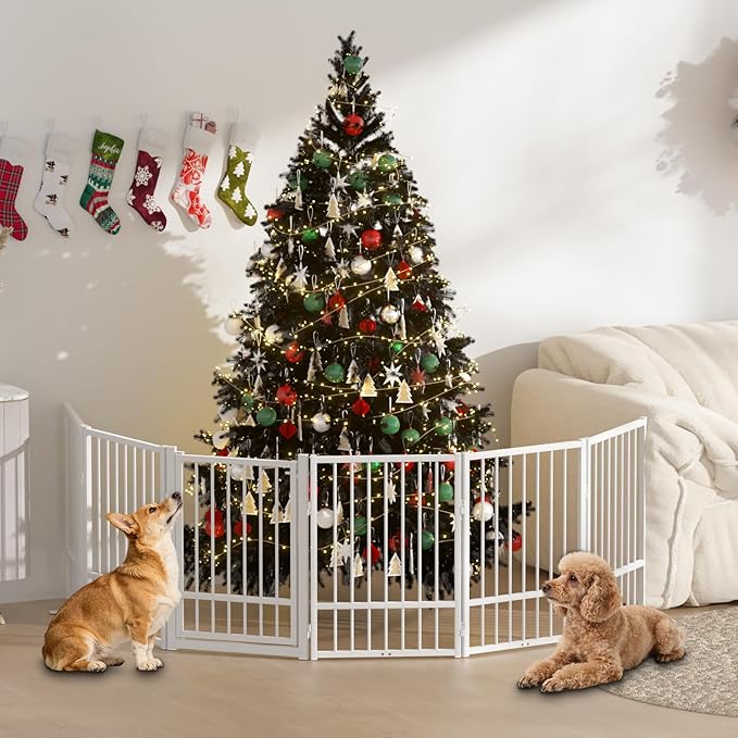 SNUOWU Full Metal Freestanding Dog Gate with Door, 32''Height Foldable Pet Dog Fence for Indoor & Outdoor, 6 Panels Extra Wide Free Standing TallDog Gates for Doorways,House,Stairs,Porch,Deck,Yard