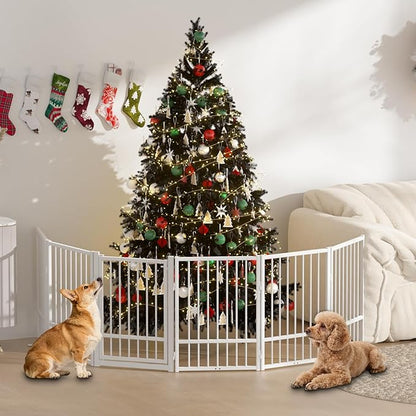 SNUOWU Full Metal Freestanding Dog Gate with Door, 32''Height Foldable Pet Dog Fence for Indoor & Outdoor, 6 Panels Extra Wide Free Standing TallDog Gates for Doorways,House,Stairs,Porch,Deck,Yard