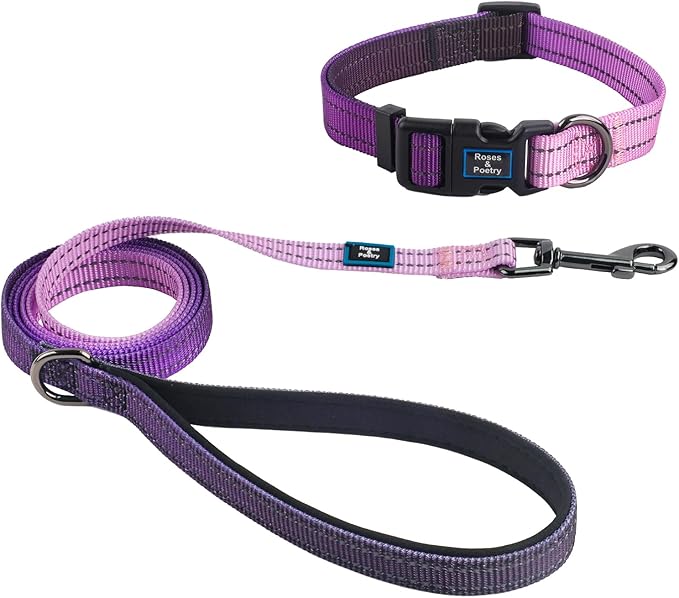 Roses&Poetry Small Dog Collar and Leash Set, Puppy Reflective Leashes with Collars, Adjustable Durable Matching Collar Leash for Small Dogs Girl (Lightpurple-S)