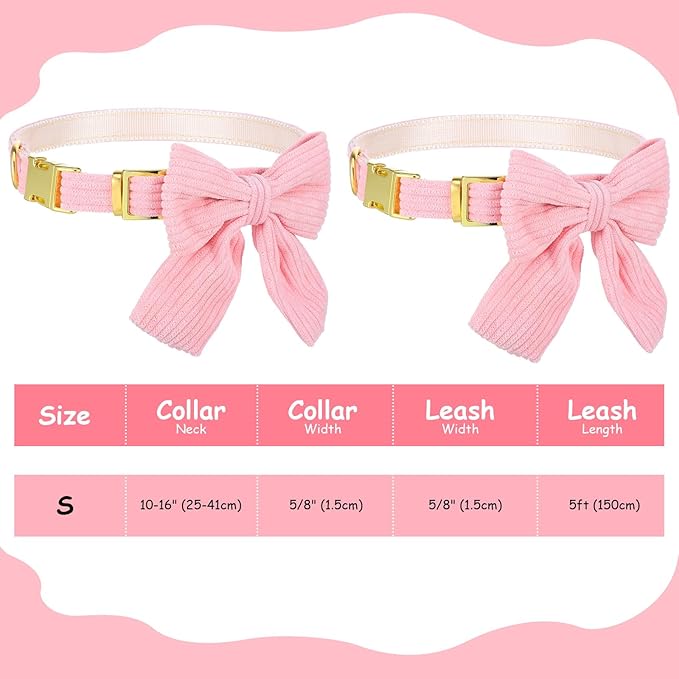 2pcs Dog Collar and Leash Set with Bowtie Cute Small Dog Collar Harness Leash Set Adjustable Breathable Soft Padded for Small Medium Puppy Dogs Metal Buckle Pink S