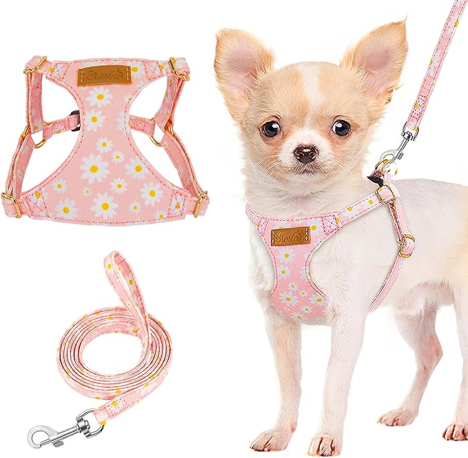 Lukovee Puppy Harness and Leash Set, No Pull Lightweight Soft Suede Adjustable Pet Harness Vest with Snap Buckle for Puppy Small and Medium Size Dog (Pink-S)