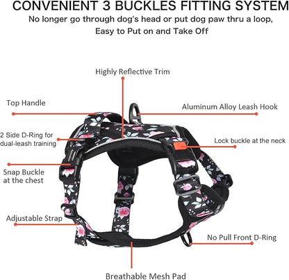 Petmolico XS Dog Harness and Leash Set, No Choke 4 Leash Attachments Easy Control Handle Soft Padded Reflective Vest for Small Dogs, Rose
