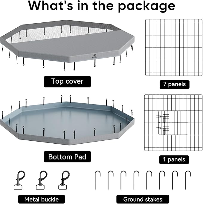 PJYuCien Dog Playpen with Top Cover and Bottom Pad - Metal Foldable Exercise Pen, 8 Panels 36" H x 24" W Indoor Outdoor Pet Fence Puppy Crate Kennel, Gray
