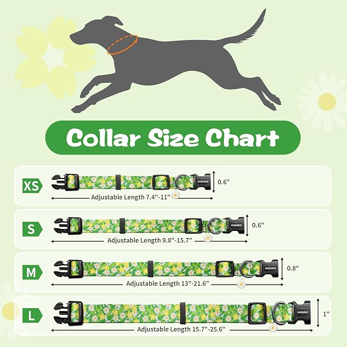 Kazazoo Dog Collar Cute and Soft Nylon Puppy Collar for Boy and Girl, Adjustable Dog Collars for Medium Large Dogs, Green Daisy-L