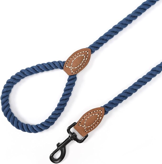Mile High Life Dog Leash, Braided Cotton Rope Leashes with Leather Tailor Tip with Leather Tip - Heavy Duty Metal Clasp, 5FT, 1/2" Thick - Wedding, Walking Leash for Medium Large Dogs(Navy)
