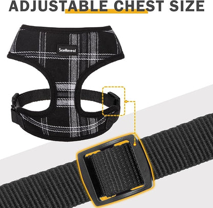 SCENEREAL No Pull Dog Harness Collar and Leash Set Small Medium Sized Dog, Soft Mesh Puppy Harnesses, No Chock Plaid Adjustable Pet Vest for Outdoor Walking Training and Running, Black M