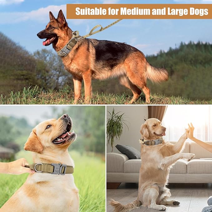 Tactical Dog Collar Leash Set, Adjustable Military Training Nylon Collar Dog Training with Control Handleand Metal Buckle, Dog Collar for Medium Large Dogs (Brown,M)