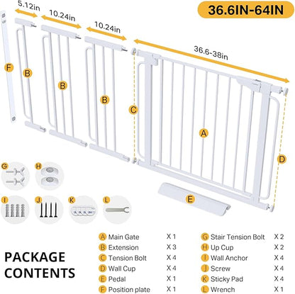 Cumbor 36.6-64" Extra Wide Baby Gate for Stairs, Dog Gates for Doorways, Auto-Close Pet Gate Indoor, Pressure Mounted Walk Through Safety Child Gate for Kids Toddler, Tall Pet Puppy Fence Gate, White