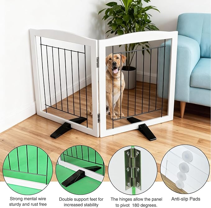 ZJSF Freestanding Dog Fence Indoor, Foldable Dog Gate for Doorways, Stairs or Hallways, Sturdy Wood Extra Wide Pet Gate with Support Feet for The House, White, 24 "Height-2 Panels