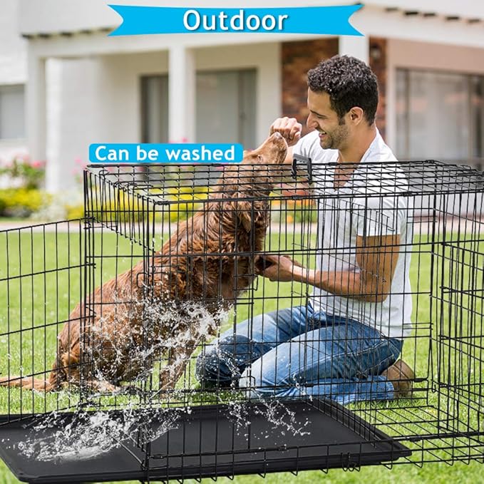 Dog Crate Dog Kennel Cage 42” Portable Foldable Indoor Outdoor Large Double Door Wire Metal Puppy Cat Pet Dog Cage with ABS Tray LC & Divider, Black