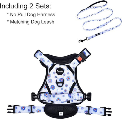 Petmolico No Pull Dog Harness and Leash Set, No Choke 4 Leash Attchments Easy Control Handle Soft Padded Reflective Vest Dog Harness for Medium Dog Breed, Daisy Medium