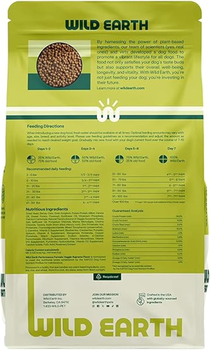 Wild Earth Vegan Dry Dog Food Performance Formula | Plant-Based Vegetarian Kibble | Wheat-Free, Allergen-Free, Veterinarian-Developed | Veggie Supreme Flavor, 4lb Bag