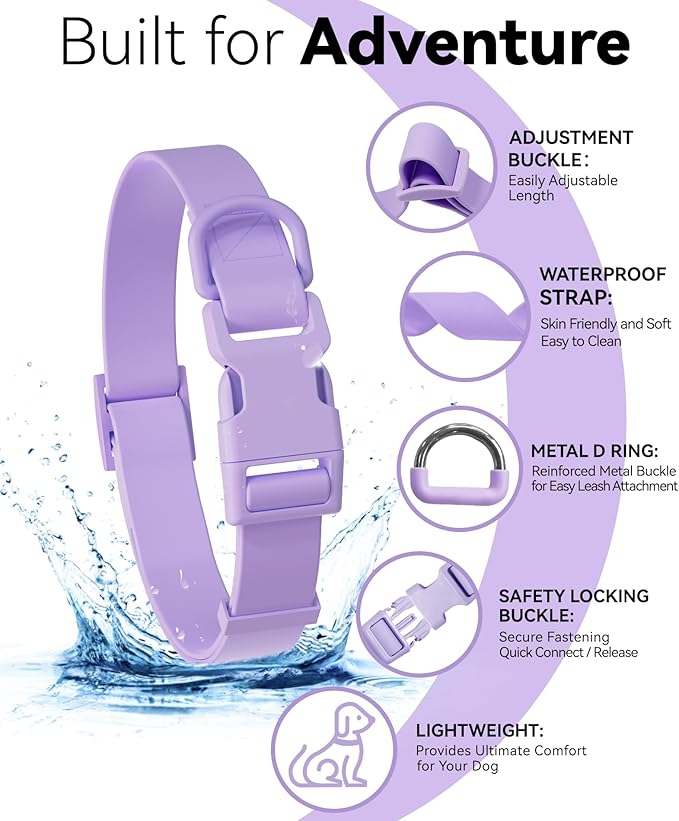 Waterproof Dog Collar, Rubber Adjustable Collars with Quick Release Buckle, Odor-Resistant, Easy to Clean Pet Collars for Small Medium or Large Dogs (Purple, L 15.4-24.8 inch)