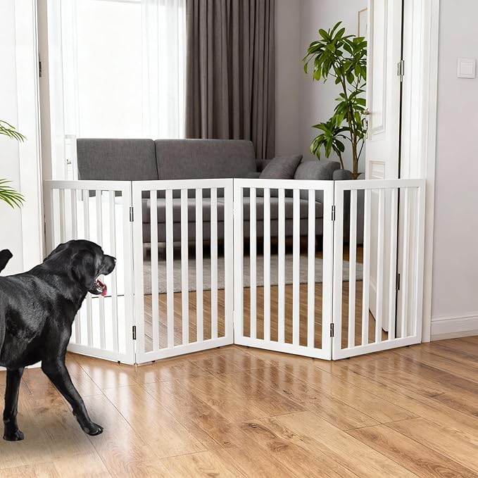 ZJSF Freestanding Indoor Dog Gate for House Foldable Wood White Puppy Gate for Doorways Pet Gate for Stairs Extra Wide Pet Fence 32" Height 4 Panels