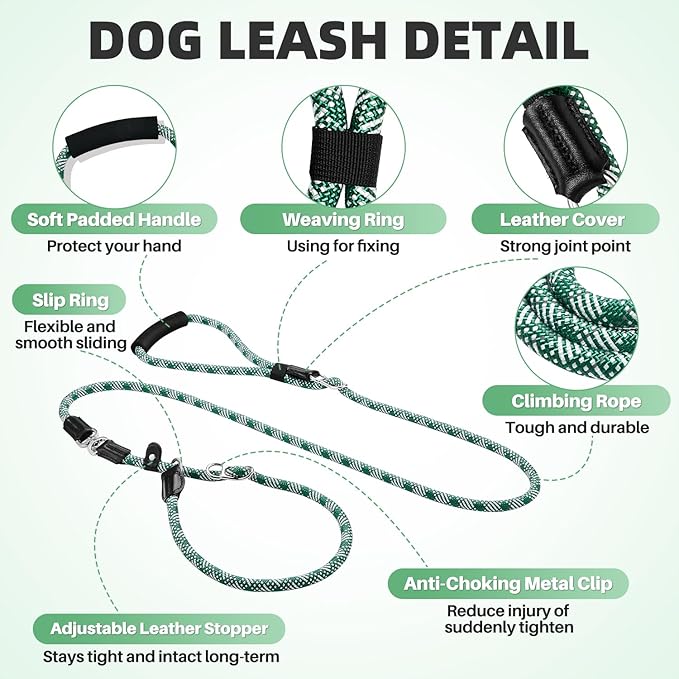 SlowTon Slip Lead for Dogs - Hands Free No Tangle Adjustable 5-7 FT 1/2” Rope, Heavy Duty Nylon Leash for Large Medium Dogs that Pull, No Pull Training Slip Leashes, 20-120lb, Green
