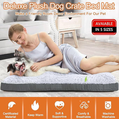 POCBLUE Deluxe Washable Dog Bed for Large Dogs Dog Crate Mat 35 Inch Comfy Fluffy Kennel Pad Anti-Slip for Dogs Up to 60 lbs, 35" x 23", Grey