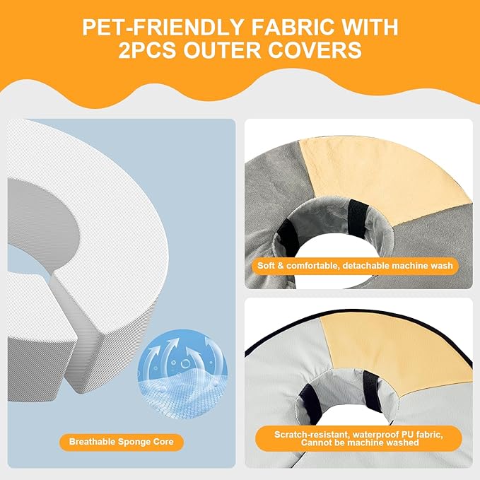 Sponge Core Dog Cat Cone Collar for After Surgery Recovery, Inflatable Dog Cone Alternative, Lainergie Dogs Donut Collar Adjustable with 2PCS Cover for Large Medium Small Dogs Cats (Grey+Yellow, M)