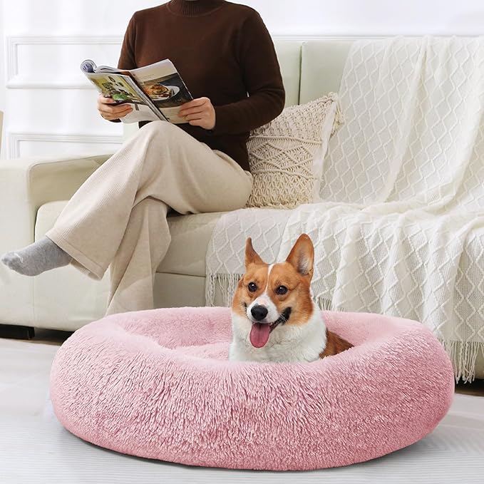 JOLLYVOGUE Dog Beds Large Sized Dog, 36 inches Calming Soft Anti-Anxiety Donut Dogs Bed, Washable Round Fluffy Cushion for Large Pets, Fits up to 80 lbs Pets