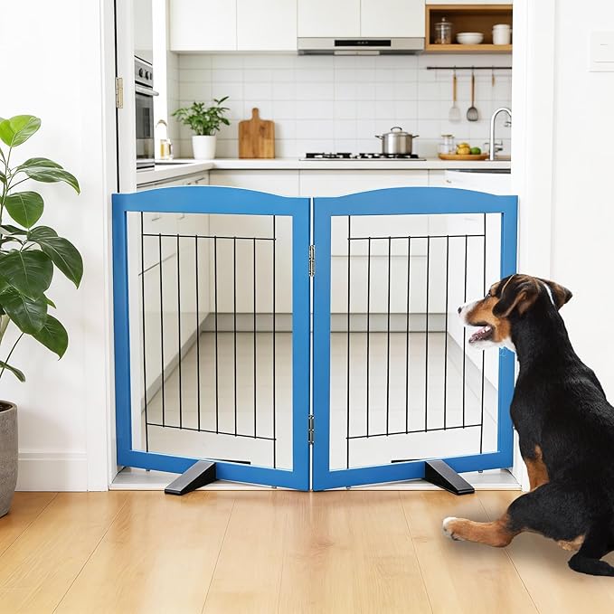ZJSF Freestanding Dog Fence Indoor, Foldable Dog Gate for Doorways, Stairs or Hallways, Sturdy Wood Extra Wide Pet Gate with Support Feet for The House, Blue, 24 "Height-2 Panels
