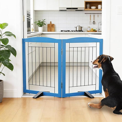 ZJSF Freestanding Dog Fence Indoor, Foldable Dog Gate for Doorways, Stairs or Hallways, Sturdy Wood Extra Wide Pet Gate with Support Feet for The House, Blue, 24 "Height-2 Panels