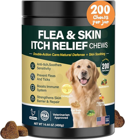 Dog Flea and Tick Prevention Allergy Chews - Omega 3 Skin and Coat Supplement,Immune Support,Natural Yeast,Itching & Licking Relief Treatment Chewable,Bites,Chews for Dogs Itching-200 Count