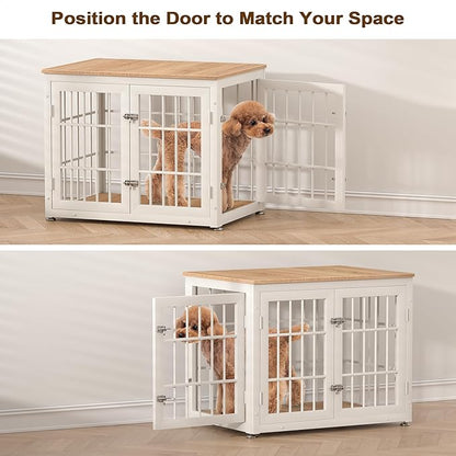 rehomerance 32 Inch Heavy Duty Dog Crate Furniture for Medium and Small Dogs, Decorative Pet House End Table, Wooden Cage Kennel Furniture Indoor, Natural and White