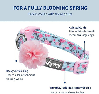 Blueberry Pet Made Well Cute Floral Print Adjustable Dog Collar in Light Blue with Pink Artificial Silk Flower, Small, Neck 12"-16"