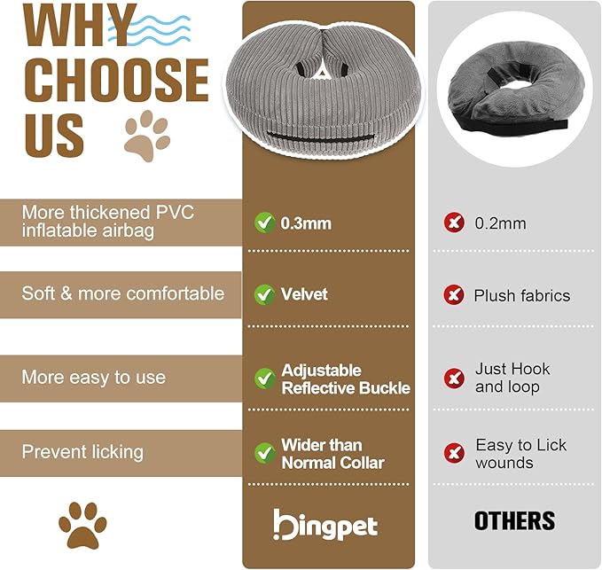 BINGPET Inflatable Dog Cone Collar Alternative After Surgery, Soft Recovery Cone for Dogs to Stop Licking, Blow up Protective Neck Donut ECollars Adjustable for Large Medium Small Puppy Pet, Grey L