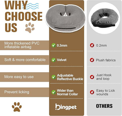 BINGPET Inflatable Dog Cone Collar Alternative After Surgery, Soft Recovery Cone for Dogs to Stop Licking, Blow up Protective Neck Donut ECollars Adjustable for Large Medium Small Puppy Pet, Grey L