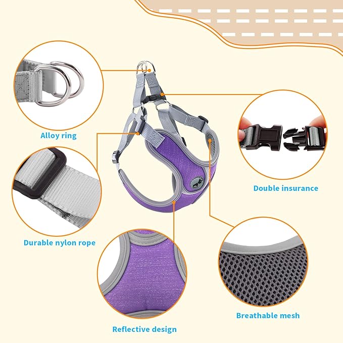 Dog Harness with Leash Set, Puppy Harnesses with Breathable Padded for Small Dogs Walking Escape Proof (XS, Purple)