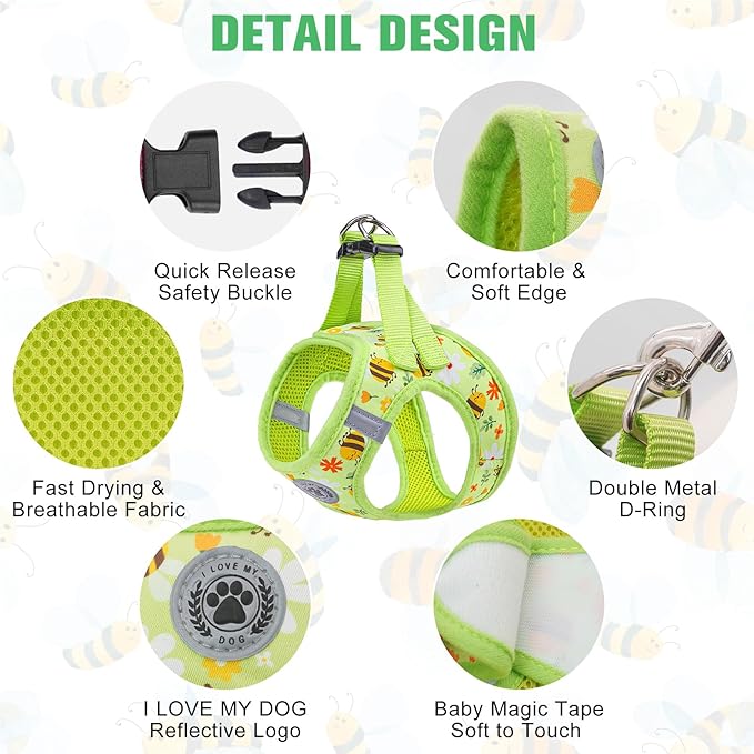 BEAUTYZOO Step in Dog Harness and Leash Set,Reflective Dog Harness No Pull No Choke Puppy Harness for Small Medium Large Dogs Cats,Soft Padded Mesh Vest Harnesses for Girl and Boy Pets, Bee S