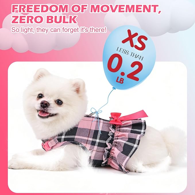 EXPAWLORER Dog Harness Small Medium Sized Dogs, Plaid Dog Dress Bowknot Harness and Leash Set, No Choke No Pull Soft Mesh Vest Cute Princess Puppy Outfits Clothes Costume for Girls Party Cats Pink S