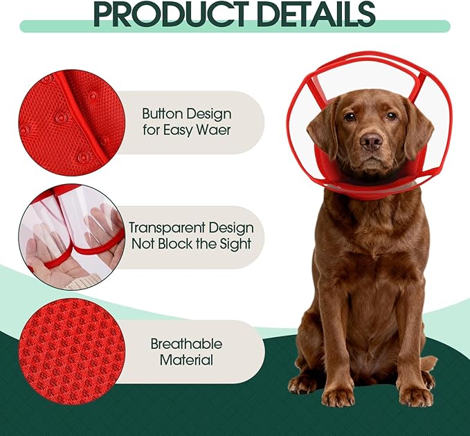 Kuoser Medium Dog Cone Collar After Surgery, Soft Cone for Dogs to Stop Licking, Breathable Pet Recovery Collar Comfy Elizabethan Collars, Adjustable Protective Dog Cones for Medium Dogs, Red M