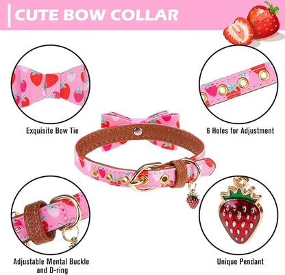 EXPAWLORER Small Collar and Leash Set - Embroidery Pawprints with Bow Tie and Bandana Collar with Bell, Soft Tangle Free Leash for Dogs Cats Outdoor Walking, Holiday Ideal Gift Pink Strawberry S