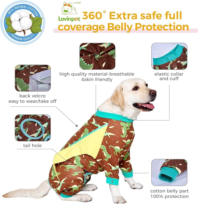 LovinPet Dog Recovery Suit - Medium Large - Dog's Bodysuit Wound Protective Surgical,E-Collar Alternative Recovery Bodysuit for Abdominal Wounds After Surgery Anti-Licking,Dinosaur,Green,L