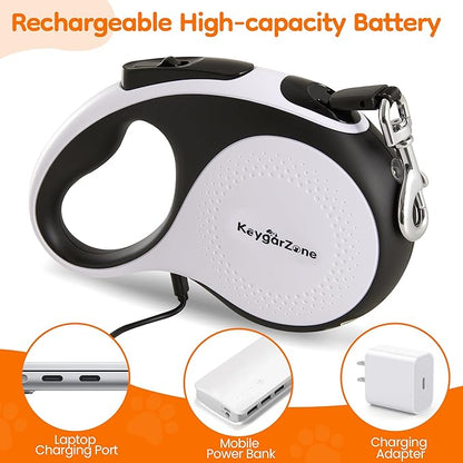 Retractable Dog Leash for Large Dogs with LED Light, 16.4ft Long Pet Leash up to 110lb Pull, 360° Tangle-Free One-Button Control for Small & Large Dogs & Cats, with Charging Cable, White