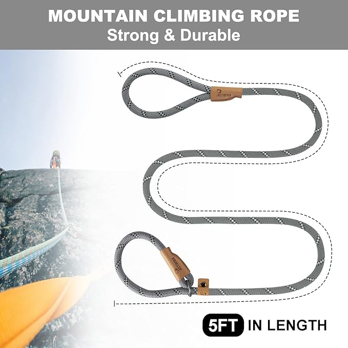 5 FT Slip Lead Dog Leash, Heavy Duty Rope Leash for Small Medium Large Dogs, No Pull Training Lead with Reflective Thread, Strong Comfortable Loop Leash (Grey Stripe, Medium(3/8"))